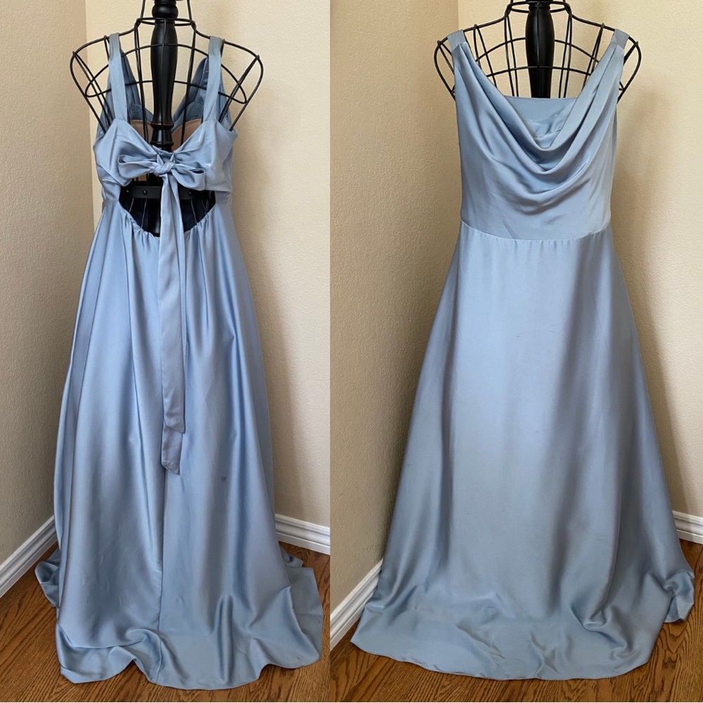David’s Bridal Altered Size 16 Matte Satin Cowl Neck Tie Back Dress Dusty Blue
